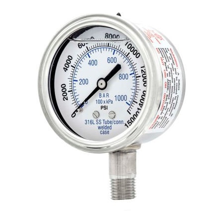 Engineered Specialty Products, Inc PIC Gauges 2.5" All Stainless Pressure Gauge, 1/4" NPT, 0/15,000 PSI, Glycerine Fill, LM, 301L-254V 301L-254V